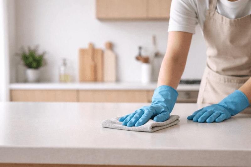 Siivooja pyyhkii keittiön tasoa