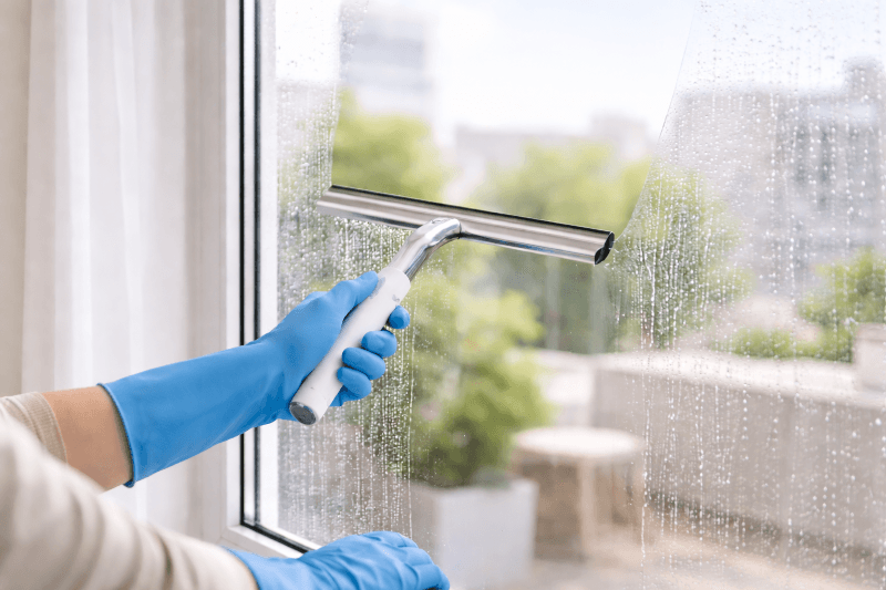 Ikkunalasia puhdistetaan lastalla